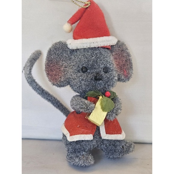 Vintage Sydney Morgan Flocked Ornament Mouse Santa Hat Present 4" - Picture 2 of 10
